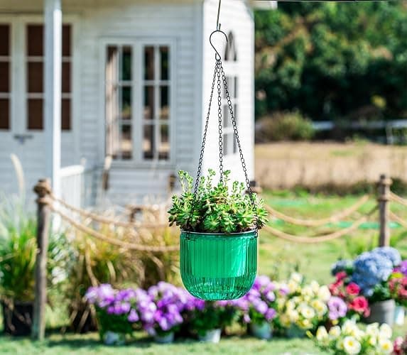 Melphoe 2 Pack Self Watering Hanging Planters Indoor Flower Pots, 6.5 Inch Outdoor Hanging Plant Basket, Hanger with 3Hooks Drainage Holes for Garden Home (Emerald + Gray) thumbnail 4