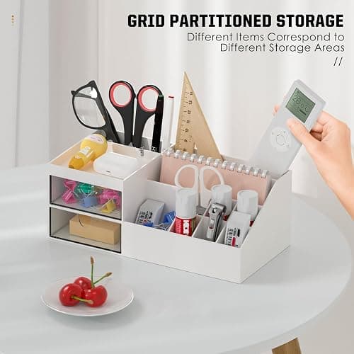 Subsky Make up Organizer mit Schubladen, Multifunktion Schminktisch Organizer Einfache Aufbewahrung für Make-Up Pinsel Wattepads, Schreibtisch Organizer für Dresser Skincare Weiß thumbnail 7