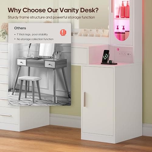 BTHFST Makeup Vanity Desk with Large 31.5" Mirror and Lights, 46.1" Vanity with RGB Lights & Charging Station, Vanity Table with 6 Drawers & Cabinet & Shelves, White thumbnail 6