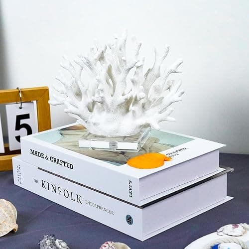 vlinlvo Coral Reef Ocean Decor, 6.3'' High x 7.5'' Width Artificial Resin Coral Reef Statue for Ocean Coastal Beach Nautical Themed Room Bathroom Decor for Home, RB1001W, White thumbnail 6