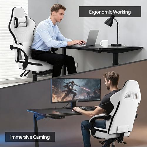 Dowinx Gaming Chair Breathable PU Leather Gamer Chair with Footrest Massage Lumbar Support, Big and Tall Ergonomic Reclining Computer Chair with Pocket Spring Cushion for Adults Teens (Black&White) thumbnail 7