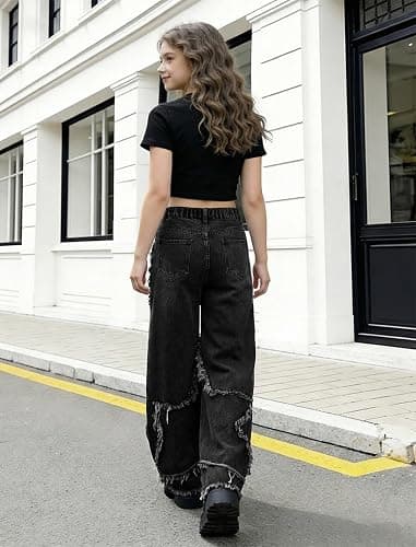 Peakpride Y2K Baggy Jeans for Women Girls Star Patchwork Wide Leg Raw Hem Denim Pants Hip Hop Streetwear Preppy Clothes thumbnail 7