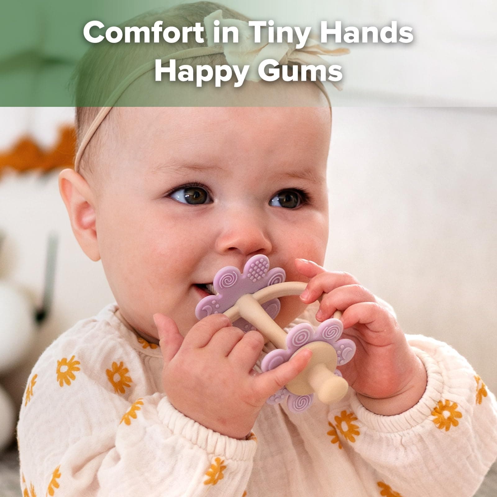 haakaa Silicone Twin Flower Teether,Nipple-Shaped End for Gum Massage,360° Baby Toothbrush Head for Self-Brushing Training,Easy to Grip- Lavender thumbnail 2