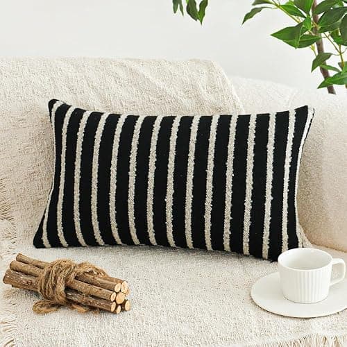 Jonhier Black Striped Lumbar Boho Throw Pillow Cover, Modern Boucle Textured Rectangle Pillowcase for Sofa Couch Bed, Neutral Farmhouse Accent Decorative Cushion Cover for Living Room, 12 x 20 inch - Image 1