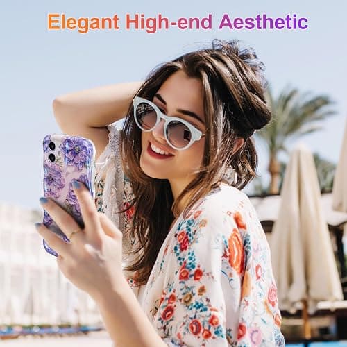 EYZUTAK Case for iPhone 12, Colorful Retro Oil Painting Printed Flower Laser Glossy Pattern Cute Curly Waves Border Exquisite Phone Cover Stylish Durable TPU Protective Case for Girls Women - Purple thumbnail 7