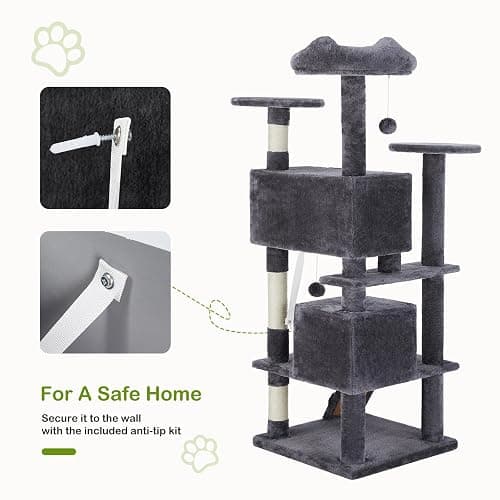 DUMOS 54-inch Indoor Cat Tree Tower –Multi-Level Pet House for Large Cats with 2 Condos, Scratching Posts, Round Platform, Small Ladder, and Toys – Perfect for Cats of All Ages, Dark Grey thumbnail 5