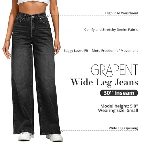 GRAPENT Wide Leg Jeans for Women Trendy High Waisted Stretchy Denim Pants 90s Baggy Jeans Trouser Jeans with Pockets thumbnail 4