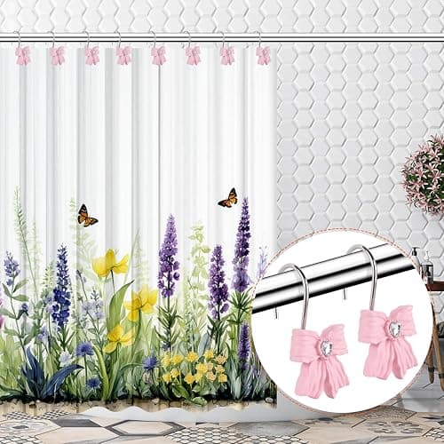 12PCS Shower Curtain Hooks Rings,Pink Bow Resin Curtain Hooks Shower Rings for Bathroom Baby Room Nursery Art Decors - Diamond Pink thumbnail 6