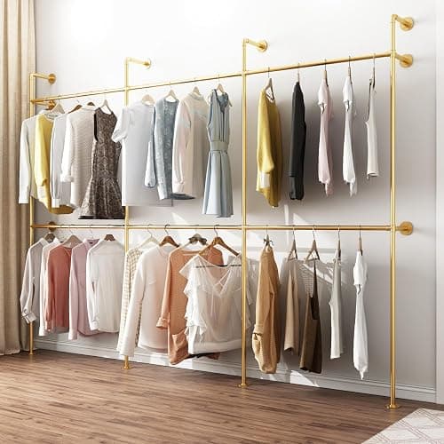 Industrial Pipe Clothing Rack, Heavy Duty Metal Clothes Rack with Double Rods for Hanging Clothes, Wall Mount Space-Saving Garment Display Rack (Three, Gold) thumbnail 7