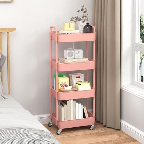 Sywhitta 4-Tier Plastic Rolling Utility Cart with Handle, Multi-Functional Storage Trolley for Office, Living Room, Kitchen, Movable Storage Organizer with Wheels, Pink thumbnail 5