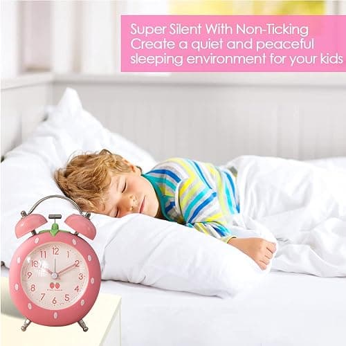 N0 Strawberry Alarm Clock for Kids, Cute Alarm Clock for Heavy Sleepers with Backlight,Loud Twin Bell Alarm Clock for Bedroom Decoration (Pink) thumbnail 7