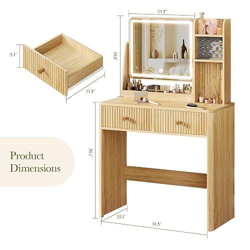 Memobarco Fluted Vanity Desk with Mirror and Lights, Small Makeup Vanity with 2 Drawers and Jewelry Storage Cabinet, 3 Lighting Modes Adjustable Brightness, Dressing Table for Bedroom - Natural Oak thumbnail 2