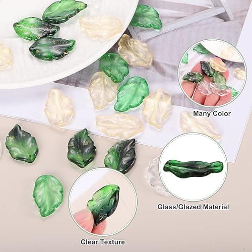 PATIKIL Glass Leaf Beads, 80 Pcs Crystal Leaf Beads Translucent Czech Glass Beads Spacer Bead for DIY Jewelry Making Bracelets Necklace, Gold Dark Green thumbnail 4