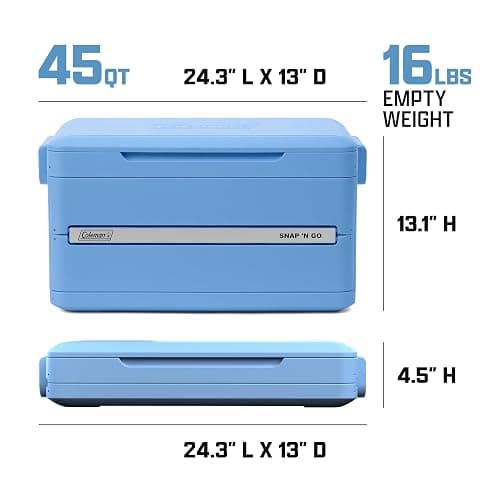 Coleman Snap N Go 45qt Collapsible Hard Cooler, Keeps ice Cold for up to 55 Hours, Holds up to 76 cans, Collapses up to 1/3 its Size, Can Hold up to 200 pounds, Blue Sky thumbnail 9