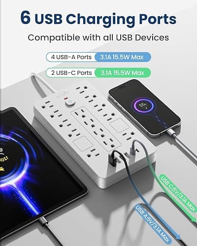 JouleLoom Surge Protector Power Strip-14 Outlets and 6 USB Ports, 6 Feet Flat Plug Extension Cord, 1850 Joules, White, ETL Listed for Home, Office, Dorm Room thumbnail 3