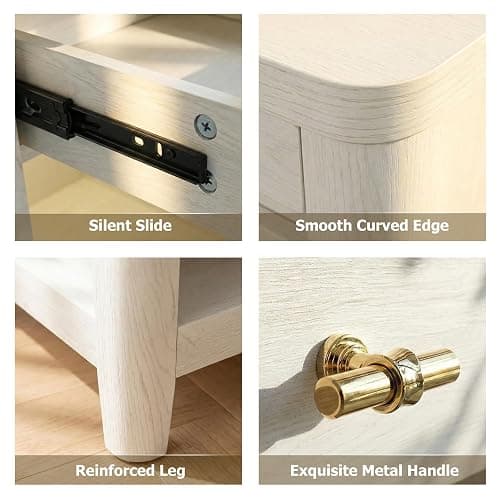 nesture. Nightstand with Charging Station and LED Light, Wood Curved Night Stand with 2 Drawer and Open Shelf,Mid Century Modern Bedside Table with Side Storage for Bedroom,End Table Living Room Wihte thumbnail 8