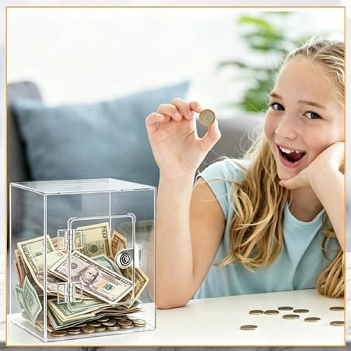 Anvin Acrylic Piggy Bank with Key - Clear Money Saving Bank for Adults & Kids - Secure Lock & Reusable Visual Goal Tracker - Modern Transparent Coin Jar thumbnail 6