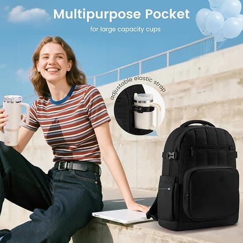 LOVEVOOK Laptop Backpack for Women with Giant Tumbler Holder Pocket,17 Inch Puffer Travel College Work Backpack Purse for Teacher Nurse,Waterproof Laptop Bag Computer Back Pack Casual Daypack,Black thumbnail 3