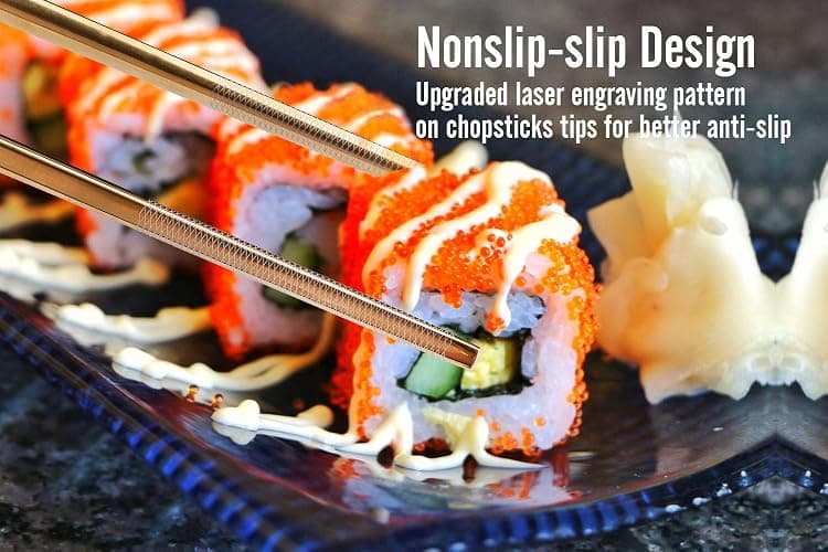 Chopsticks Reusable Titanium Plated Metal Chopsticks 304 Stainless Steel Chopstick Dishwasher safe Japanese Korean lightweight Engraved Anti-slip Chop sticks for Eating 2 Pairs Gift Set Black Gold thumbnail 4