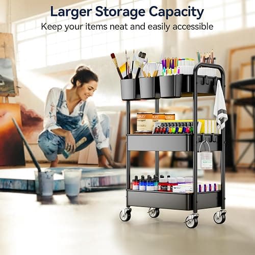 YASONIC 3 Tier Rolling Cart - Metal Utility Cart with Wheels, Hanging Cups, Hooks, Heavy Duty Mesh Rolling Storage Cart Organizer, Craft Cart for Kitchen Office, Lightweight and Sturdy thumbnail 6
