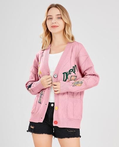 Women's Cable Knit Long Sleeve Open Front Cardigan Sheep V-Neck Button Down Embroidery Wool Blend Sweater Coat Outwear thumbnail 4