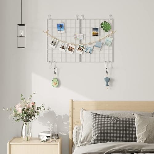 C&AHOME Photo Wall Display Set of 2, Grid Panel with Hooks, Clips, Hemp Cord, Hammer - 15.7" x 11.8", White UWWGM3402W thumbnail 2