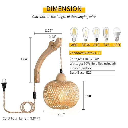 Frideko Bamboo Lantern Plug in Wall Sconces Wicker Wall Lamp with Plug in Cord Hand Woven Rattan Wall Light Farmhouse Rustic Wall Sconces Boho Sconces Wall Lighting for Living Room Bedroom thumbnail 4