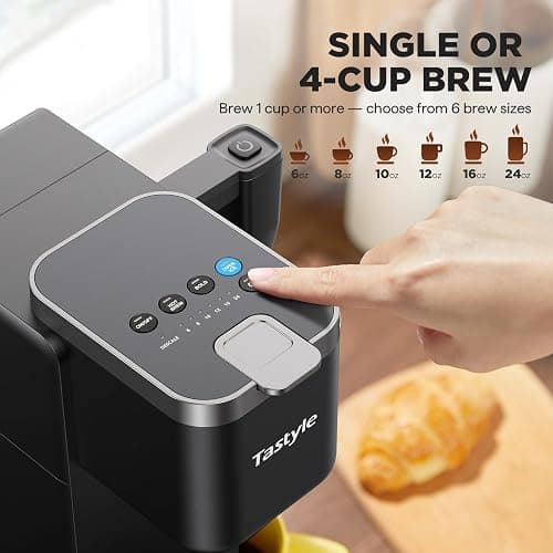 Tastyle 330MF Single Serve Coffee Maker with Built-in Detachable Milk Frother, Iced and Hot Coffee Machine for K Cup & Grounds, 40oz Removable Water Reservoir, 6 Cup Sizes, Fits 7.3" Travel Mug, Black thumbnail 5