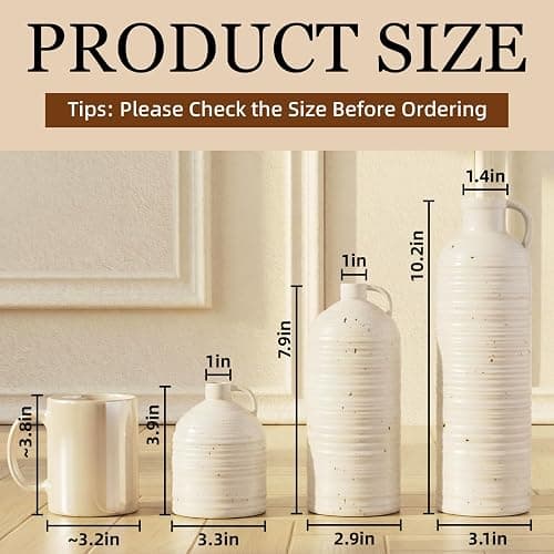 Firehold Ceramic Vase Set of 3, Rustic Home Decor Vases for Modern Farmhouse, White Boho Flower Vases for Shelf, Mantel, Table Decor, Small Decorative Vase for Dried Flowers & Pampas Grass thumbnail 2