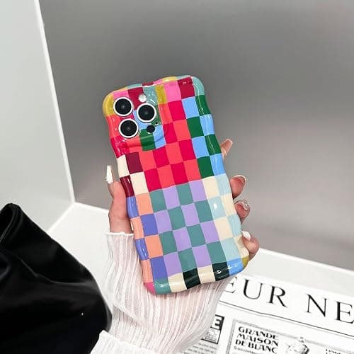 branple Compatible with iPhone 16 Plus Case, Cute Wave Curly Colorful Checkerboard Plaid Phone Case for Women/Men, Soft TPU Shockproof Protection Case Designed for iPhone 16 Plus (Colorful 1) thumbnail 5