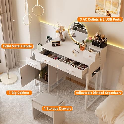Vanity Desk with 4 Storage Drawers - Modern Makeup Vanity Table with Charging Station, White Vanity Desk with Reversible Cabinet Dressing Table Set with Divided Organizers for Women Girls, White thumbnail 5