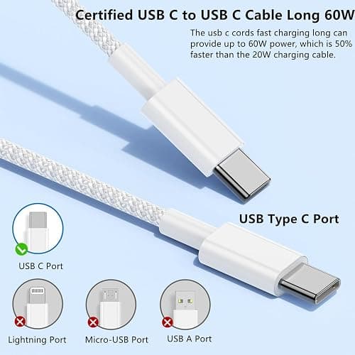 USB C to C Charger Cable 6ft, 60W Type C to C Fast Charging Cable Cord Long for Apple iPhone 17 Pro Max/17 Air/16 Pro Max/16 Pro/15 Plus/15 Pro Max/MacBook 2021/2020/2019,iPad Pro/Mini/Samsung Galaxy thumbnail 2