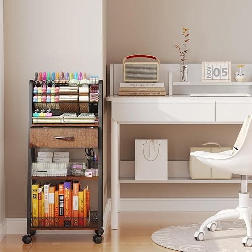 Homsorout 3 Tier Rolling Cart - Metal Utility Cart with Storage Drawer and Wheels, Versatile Art & Craft Organizer for Home, Office, or Studio - Ideal for Storing Brushes, Paints, and Supplies thumbnail 2