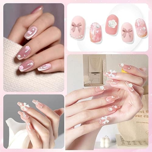 VEGCOO Nail Art Dekoration, 3 Teile Nail Charms 3D Rosa Weiße Schleife Blume Nagelsticker Blumen Gepaart Mit Perlen Nagel Steine Zum Heimwerken Charms Nägel Lifting Nail Art Charms thumbnail 3