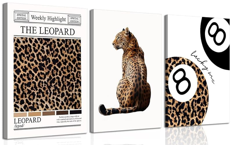 Set of 3 Trendy Leopard Canvas Wall Art Funky Lucky 8 Ball Posters Prints Preppy Room Aesthetic Cheetah Wall Decor Pictures for Girly Bedroom Apartment Dorm 16x24in - Image 1