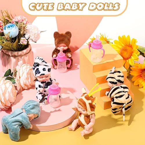 Retrowavy 10 Pcs 4 Inch Mini Baby Dolls Realistic Tiny Baby Doll Animal Clothes Cute Infant Figurine Gifts Set with 10 Pcs Nursing Bottles for Boys Girls Toddlers Kids 3+ Birthday Gift Big Fillers thumbnail 7