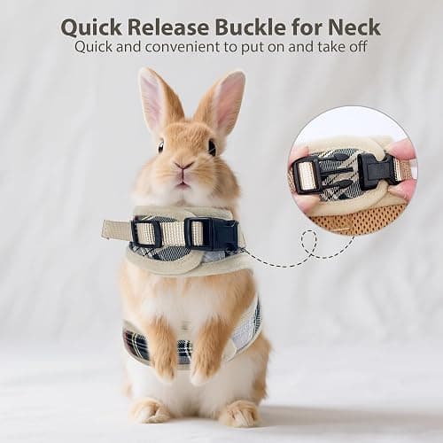 AIITLE Adjustable Bunny Harness & Leash Set - Soft Mesh Liner, Comfort Fit Plaid Pattern Vest with Magic Tape Design, Portable for Small Animal Pets Puppy Cat Rat Squirrel Ferret, Beige L thumbnail 4
