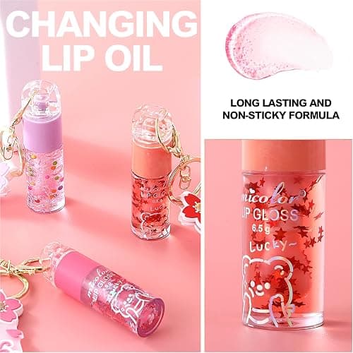 DENESTUP 3 Colors Hydrating Lip Gloss Set, Glossy Shimmer High Shine Glass Finish Lipgloss Natural Moisturizing, Lip Make-Up for Kids and Teens Party Gift Sakura Keychain Design thumbnail 2