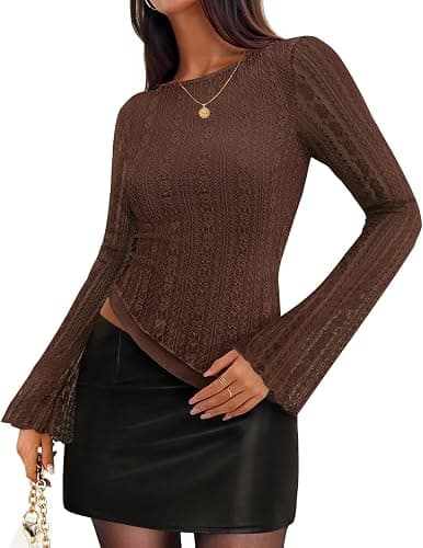 ZESICA Womens 2026 Spring Summer Lace Mesh Sleeve Tops Going Out Double Lined Slim Fit Asymmetrical Shirts Date Night Outfit - Image 1