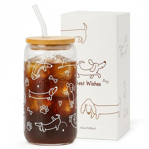 KMCCUMBER Dachshund Gift Glass Cup with Lid & Straw for Dog Lovers | Funny Weiner Dog Coffee Cup Tumbler for Dog Owner Friend Mom Wife Pet Mommy Teen Girls Thanksgiving Christmas Gift 16oz - Image 1