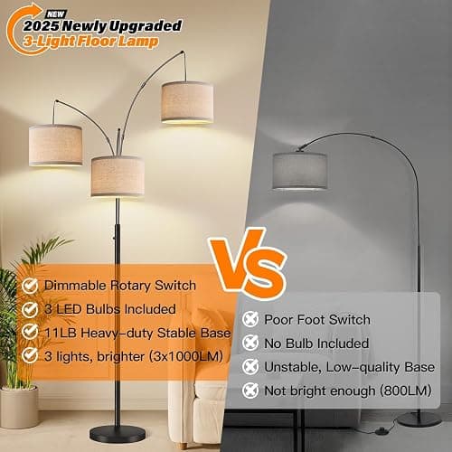 Dimmable Floor Lamp - 3 Lights Arc Floor Lamps for Living Room, 1000LM Modern Tall Standing Lamp With Beige Shades & Heavy Base, Mid Century Tree Floor Lamp for Bedroom Office, 3 LED Bulbs Included thumbnail 6