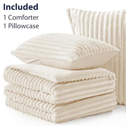 EXQ Home Fluffy Comforter Set Twin Size - Super Soft Faux Fur Stripe Jacquard Comforter 2 Pieces, Cream White Fleece Bedding Set,Winter Warm Bed Set,1 Comforter with 1 Pillowcase thumbnail 7