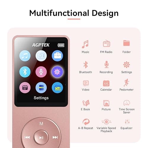 AGPTEK A02 MP3 Player with Bluetooth 5.3, 1.8'' 32GB Portable Music Player | with Speaker, FM Radio, Voice Recorder, Supports Expanded Up to 128GB(Rose Gold) thumbnail 4