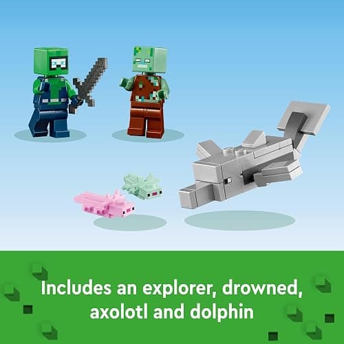 LEGO Minecraft The Axolotl House 21247 Building Toy Set, Creative Adventures at a Colorful Underwater Base, Includes a Diver Explorer, Dolphin, Drowned and More, Minecraft Toy for 7 Year Old Kids thumbnail 6