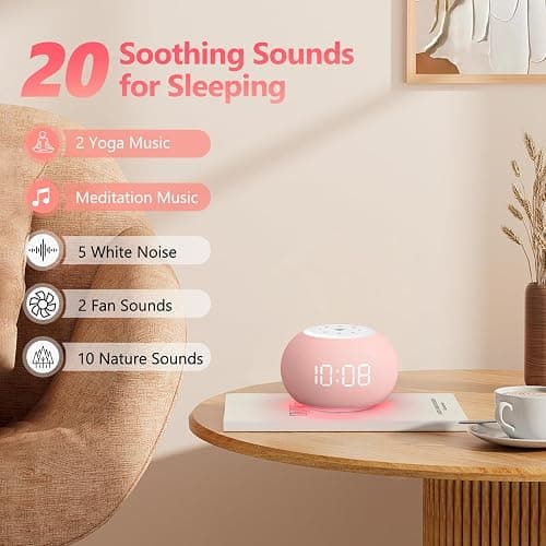 Reacher Auto Dimmable Sound Machine Alarm Clock with Night Lights, 20 Soothing Sounds, Sleep Timer, Precise Volume Control, Cute White Noise Soother for Girls, Kids, Bedrooms, Office thumbnail 4