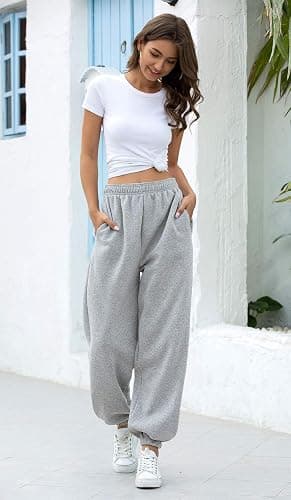 Maeau Women's Casual Sweatpant Sport Jogging Cuffed Trousers High Waist Loose Pants Cotton Cinch Bottom Pant Thick/Thin - A-thick-grey - Medium thumbnail 2