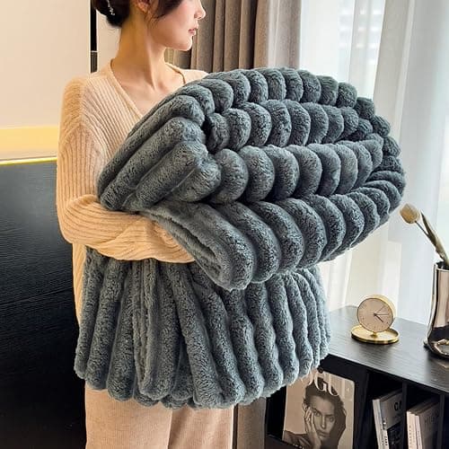 Bunny Blanket for Women, Faux Rabbit Fur Throw Blanket for Couch, Fluffy Warm Plush Thick Bubble Blanket for Bed Sofa Living Room, Soft Cozy Furry Blankets (Dark Grey,120x200cm/47x79inch) - Image 1