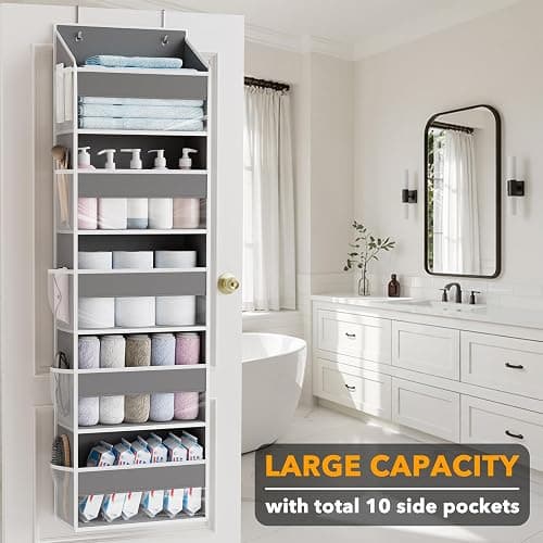 SpaceAid 1 Pack Over The Door Organizer with 5 Large Pockets and 10 Mesh Side Pockets, 5 Layers Door Organizer Hanging with Clear Window for Bedroom, Bathroom, Pantry and Nursery, Gray thumbnail 3