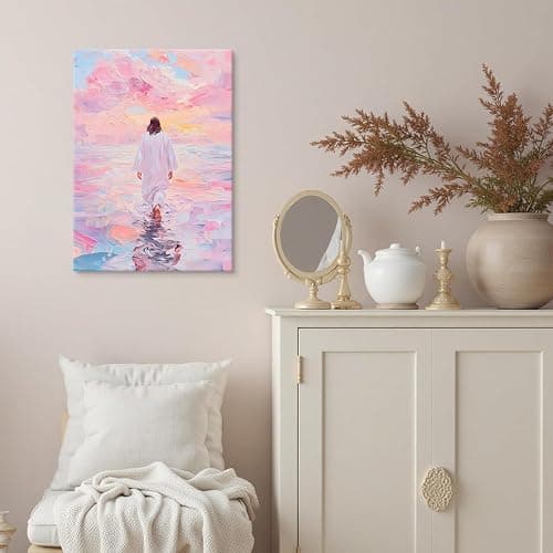 Jesus Canvas Wall Art Pink Jesus Walks on Water Painting Picture Wall Decor Religious Savior Wall Art Christian Bible Stories Poster print Artwork for Living Room Bedroom Church Decor 24x36in canvas thumbnail 3