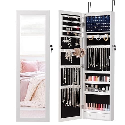 DUMOS 6 LEDs Mirror Jewelry Cabinet, Wall or Door Mounted Jewelry Organizer, 47.2-Inch Tall Lockable Large Capacity Cosmetic Storage, Gift Idea - Image 1